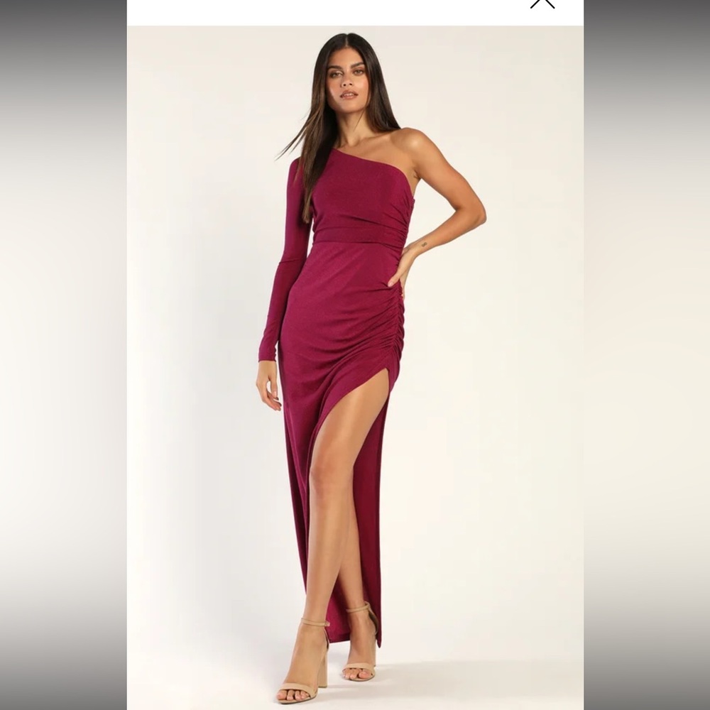 Precious Prize Magenta One-Shoulder Long Sleeve Maxi Dress